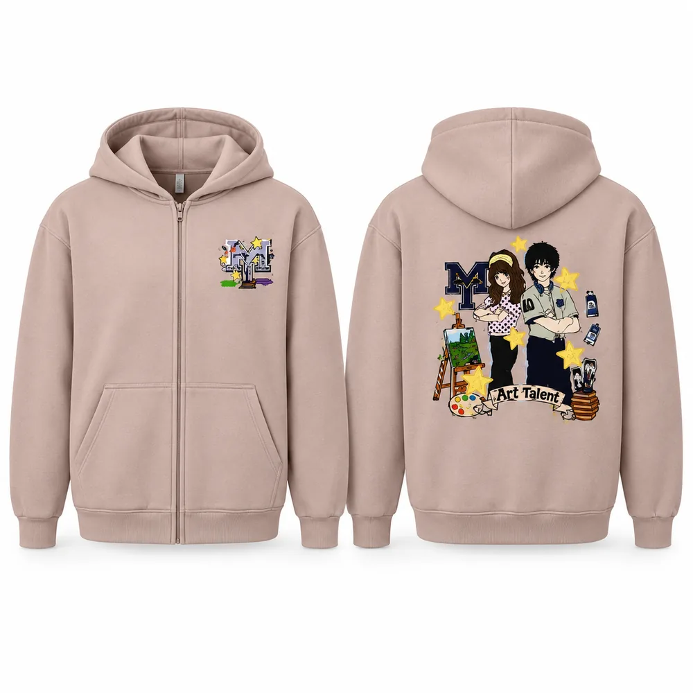 Custom "Art Talent" school zip hoodie, front chest logo and full back illustration