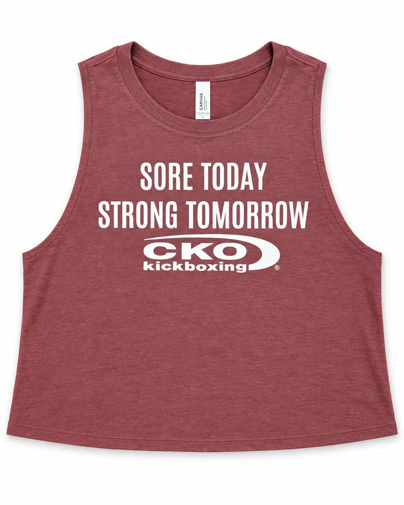 Heather red cropped tank printed "Sore Today, Strong Tomorrow" with the CKO Kickboxing logo