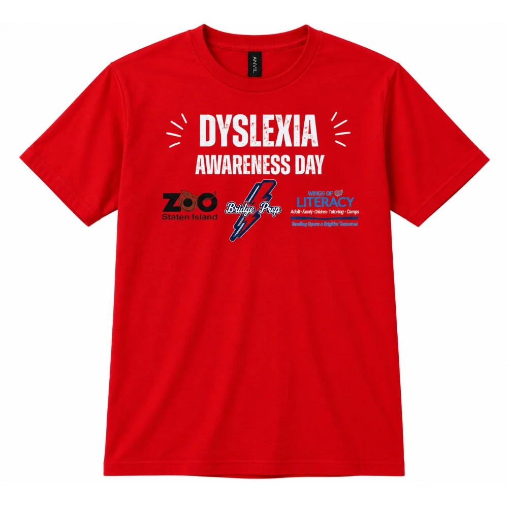 Red Dyslexia Awareness Day tee with the Staten Island Zoo, Bridge Prep, and Wings of Literacy logos