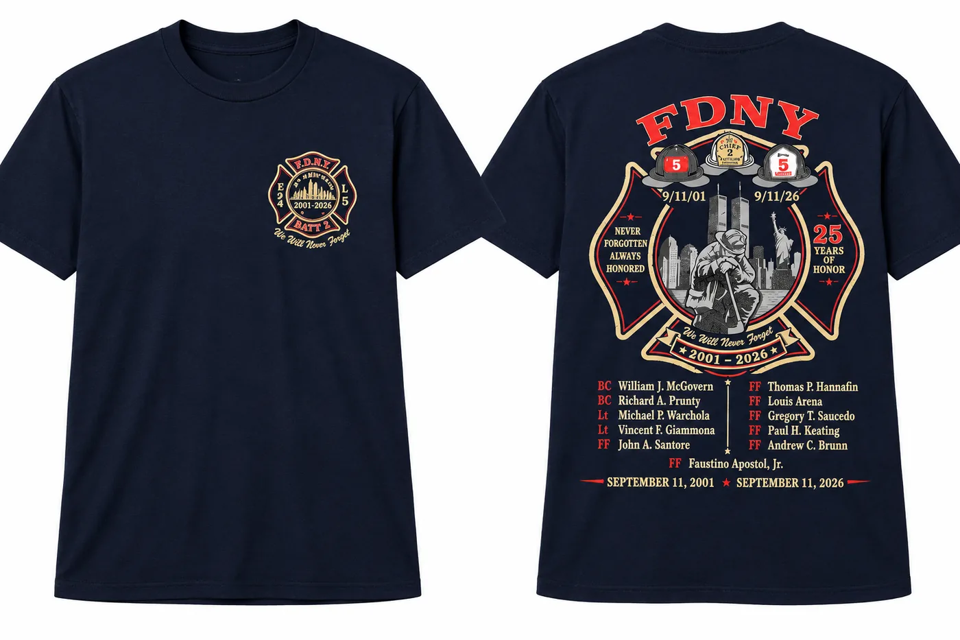 FDNY Engine 24, Ladder 5, Battalion 2 9/11 memorial tee, 2001–2026, front and back