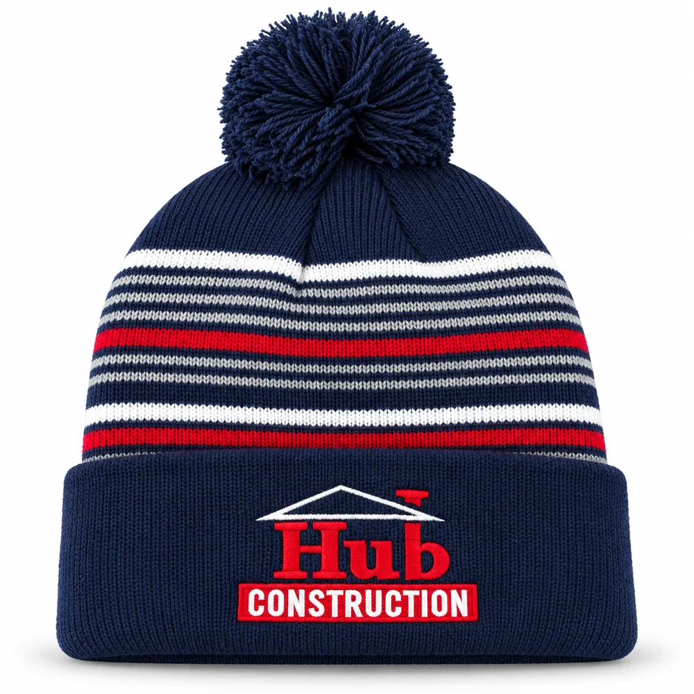 Navy striped pom beanie with embroidered Hub Construction logo