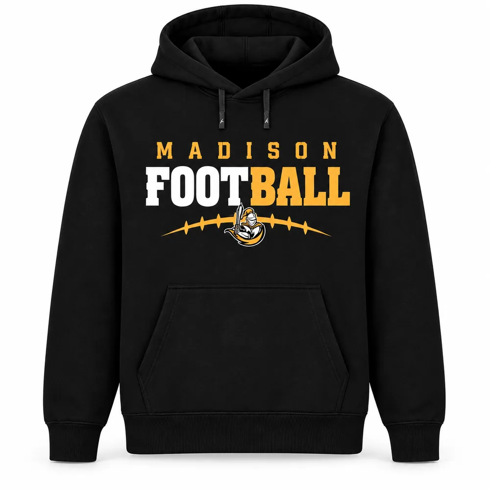 Black Madison Football hoodie with gold and white print and knight mascot