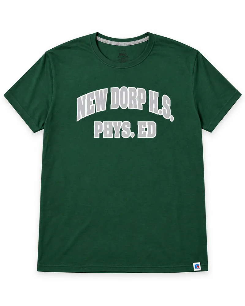 Dark green New Dorp H.S. Phys. Ed tee with grey arched varsity lettering