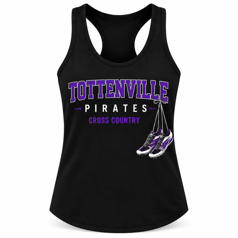 Tottenville Pirates cross country racerback tank in purple and white